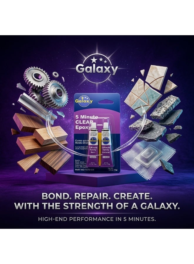 Galaxy 5 Minute Clear Epoxy - Fast Setting 2-Part Adhesive Glue, Strong Bond for Metal, Wood, Ceramic, Stone, Fiberglass & More - Quick Cure Epoxy Resin and Hardener Kit - Image 3