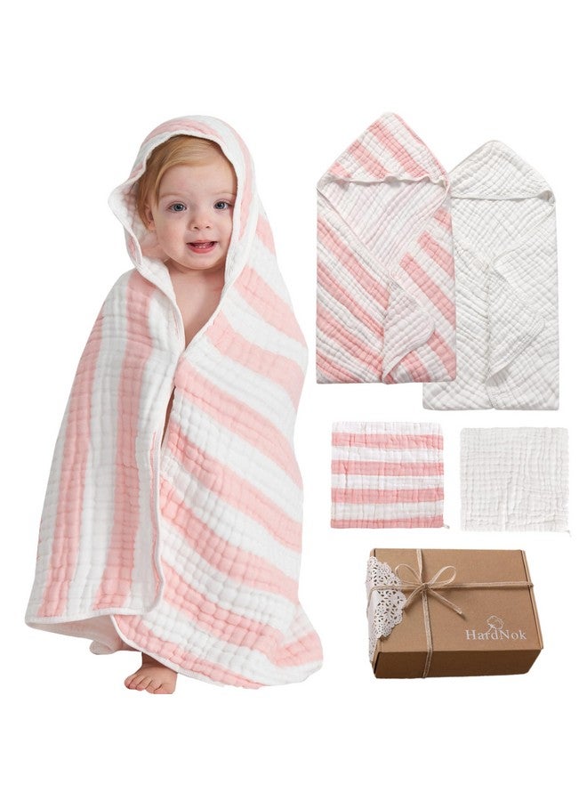 HardNok Muslin Hooded Baby Towel 4 Pack, Preuim Muslin 6 Layers Natural Cotton Baby Bath Towels, Soft and Comfortable for Boys,Girls (32x32,Pink Striped and White) - Image 1