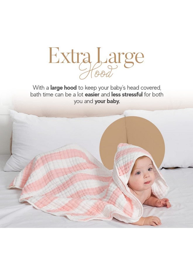 HardNok Muslin Hooded Baby Towel 4 Pack, Preuim Muslin 6 Layers Natural Cotton Baby Bath Towels, Soft and Comfortable for Boys,Girls (32x32,Pink Striped and White) - Image 3