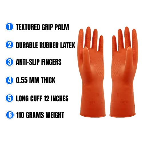 Ekon Combo Of 4 Latex Non Slip Multipurpose Heavy Duty Reusable Safety Rubber Hand Gloves For Chemical Resistance Protective Lab Gardening Industrial Building Construction Agriculture Work Orange - Image 4
