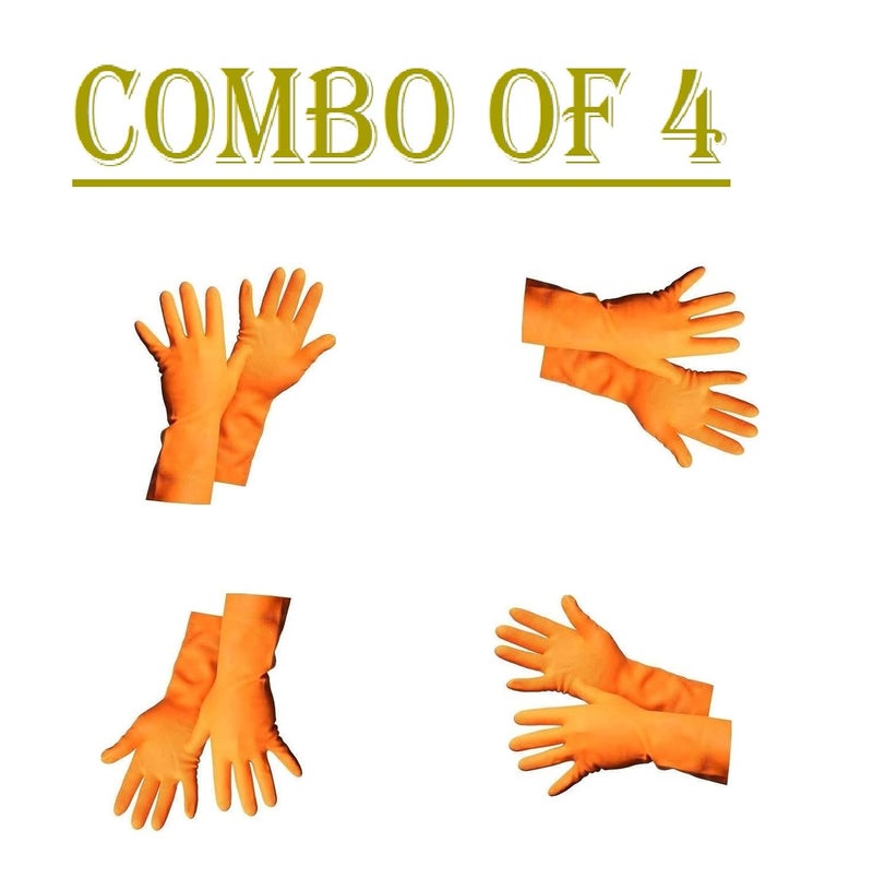 Ekon Combo Of 4 Latex Non Slip Multipurpose Heavy Duty Reusable Safety Rubber Hand Gloves For Chemical Resistance Protective Lab Gardening Industrial Building Construction Agriculture Work Orange - Image 2