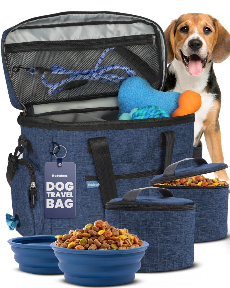 rubyloo The Original Doggy Bagâ„¢ - Complete Dog Travel Bag for Supplies with 2 BPA-Free Travel Dog Bowls & 2 Pet Food Containers - Traveling Kit for Road Trips, Camping, Weekend Away or Doggy Gift: Navy - Image 1