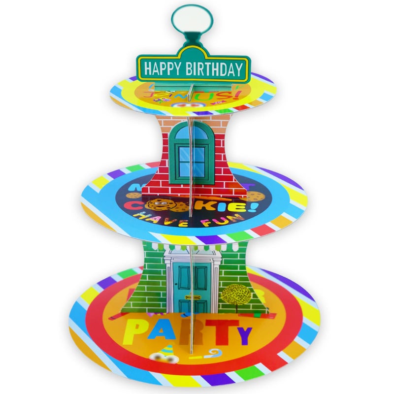 XCX Cartoon Birthday Cupcake Stand, 3 Tier Paper Red Brick Wall Themed Cupcake Rack Birthday Party Decorations for Baby Shower Boys Girls Party Supplies, Colorful Cupcake Tower Dessert Stand - Image 1