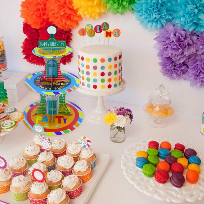 XCX Cartoon Birthday Cupcake Stand, 3 Tier Paper Red Brick Wall Themed Cupcake Rack Birthday Party Decorations for Baby Shower Boys Girls Party Supplies, Colorful Cupcake Tower Dessert Stand - Image 4