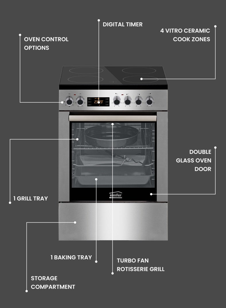 Simfer Electric Cooker 60x60cm | 80L Turbo Fan Oven | 4 Vitro Ceramic Cook Zones | 6 Cooking Functions | Grill & Rotisserie | Digital Timer | Stainless Steel | SMF6069VHF - Image 3