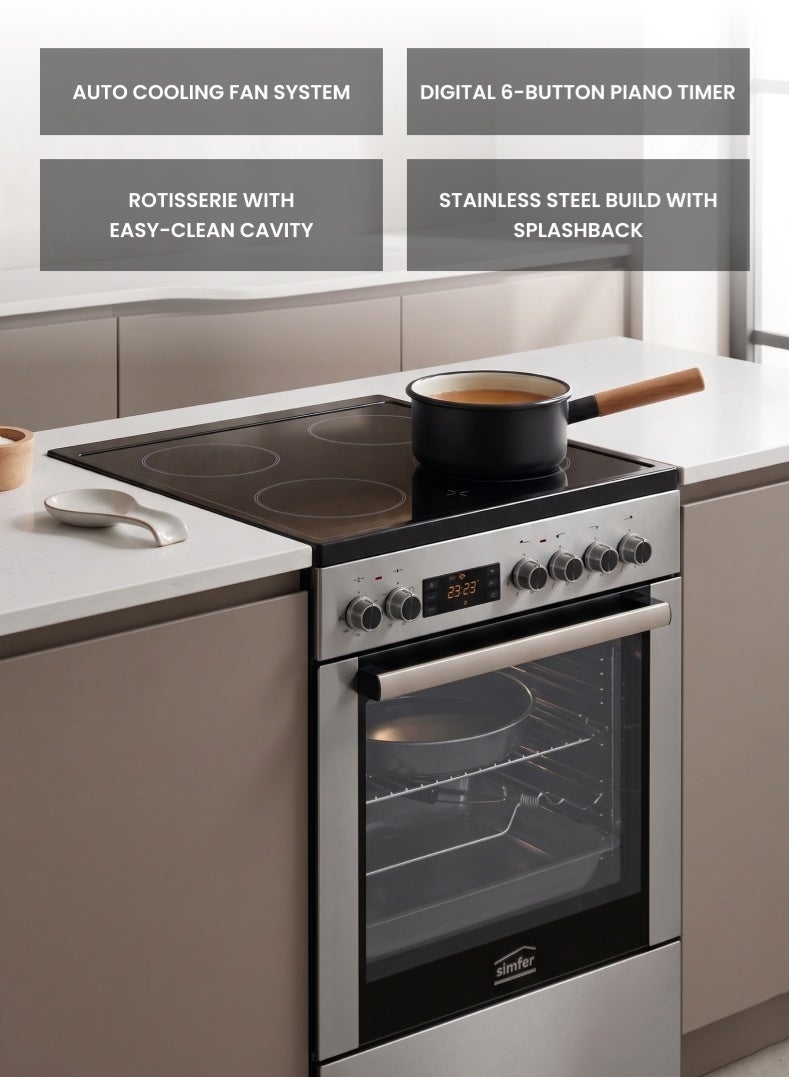Simfer Electric Cooker 60x60cm | 80L Turbo Fan Oven | 4 Vitro Ceramic Cook Zones | 6 Cooking Functions | Grill & Rotisserie | Digital Timer | Stainless Steel | SMF6069VHF - Image 2