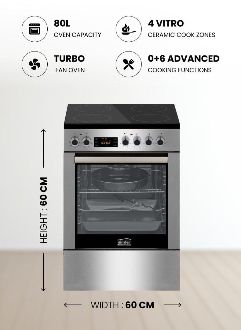 Electric Cooker 60x60cm | 80L Turbo Fan Oven | 4 Vitro Ceramic Cook Zones | 6 Cooking Functions | Grill & Rotisserie | Digital Timer | Stainless Steel | SMF6069VHF