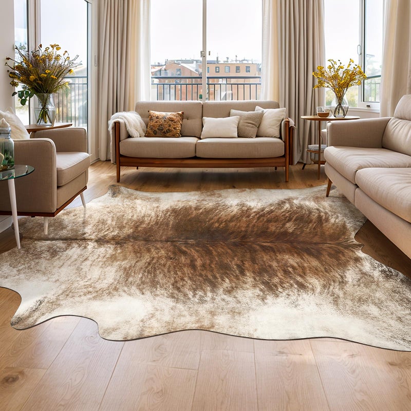 AROGAN 8x10 Feet Faux Cowhide Area Rugs for Living Room, Animal Skins Cow Hide Rug for Bedroom, Cool Western Christmas Decor, Thin Leather Cow Hide Carpets Fireplace Rug, Brownish - Image 1