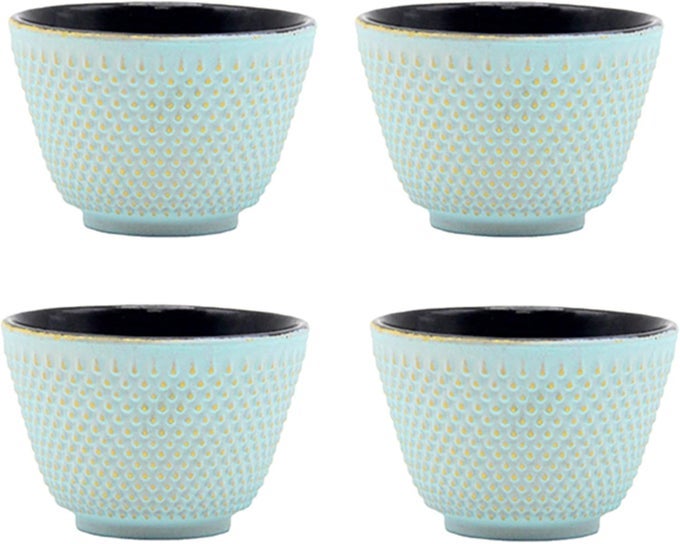 JAPANESE CAST IRON TEA CUPS SMALL AND HEAVY TEACUPS WITH NO HANDLES JAPANESE STYLE CUPS FOR ADULTS ASIAN TEACUP COATED WITH ENAMELED INTERIOR 4 PCSBOX LIGHTBLUE 2OZ60ML