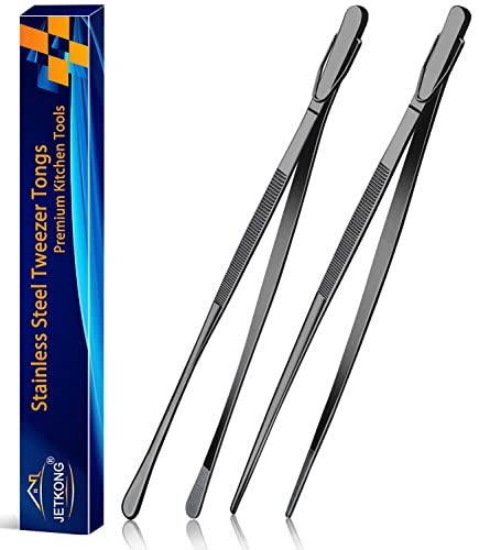 JETKONG 2 Pcs 12-Inch Food Tweezer Tongs, Stainless Steel Kitchen Tweezer Cooking Tweezers (Black) - Image 1
