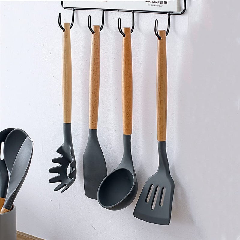 FS COOL FS COOL Silicone Kitchen Utensils Cooking Tools with Natural Wood Handles NonStick and Heat Resistant Soup Ladle Solid Turner Slotted Turner Pasta Server Slotted Spoon Scraper Spatula Black  - Image 5