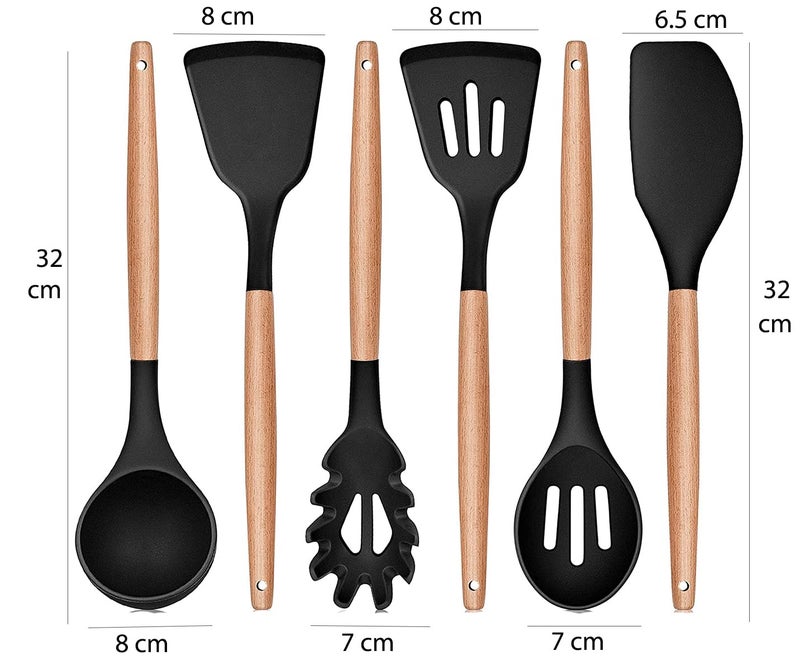 FS COOL FS COOL Silicone Kitchen Utensils Cooking Tools with Natural Wood Handles NonStick and Heat Resistant Soup Ladle Solid Turner Slotted Turner Pasta Server Slotted Spoon Scraper Spatula Black  - Image 2