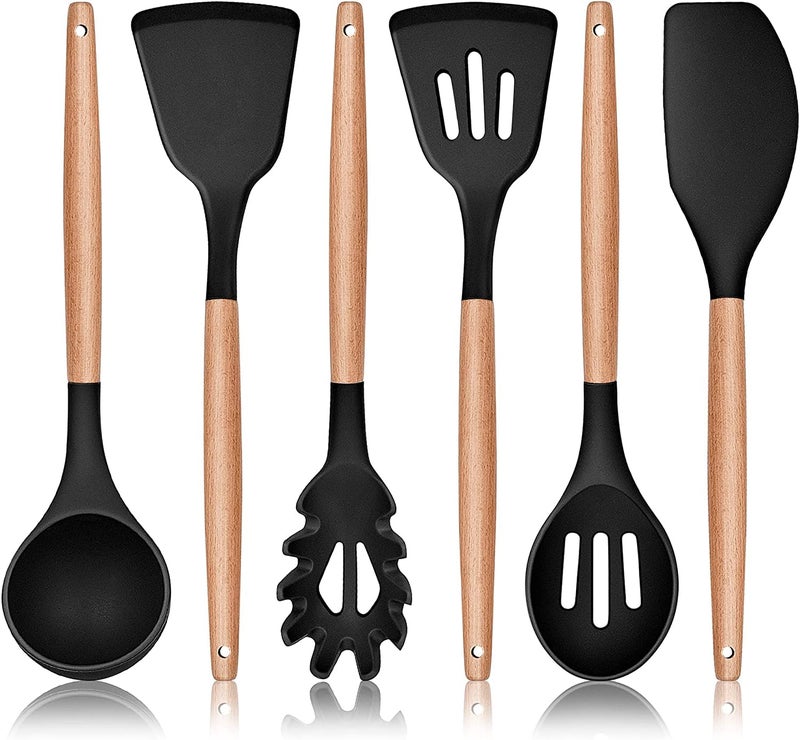 FS COOL FS COOL Silicone Kitchen Utensils Cooking Tools with Natural Wood Handles NonStick and Heat Resistant Soup Ladle Solid Turner Slotted Turner Pasta Server Slotted Spoon Scraper Spatula Black  - Image 1