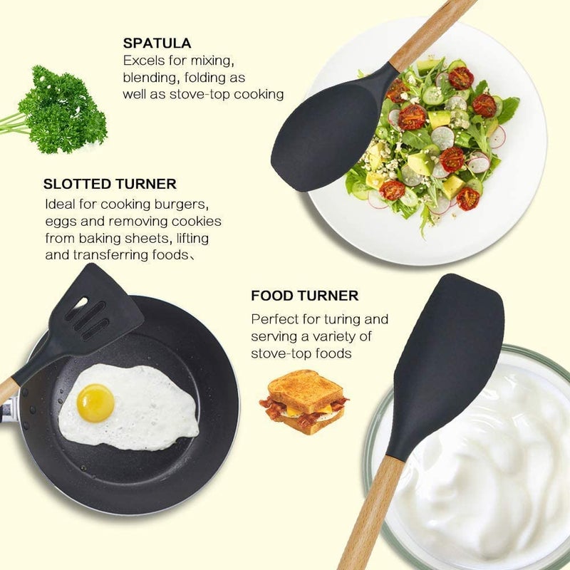 FS COOL FS COOL Silicone Kitchen Utensils Cooking Tools with Natural Wood Handles NonStick and Heat Resistant Soup Ladle Solid Turner Slotted Turner Pasta Server Slotted Spoon Scraper Spatula Black  - Image 3
