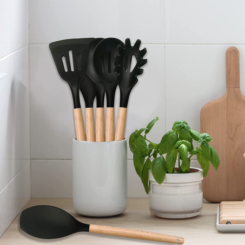 FS COOL FS COOL Silicone Kitchen Utensils Cooking Tools with Natural Wood Handles NonStick and Heat Resistant Soup Ladle Solid Turner Slotted Turner Pasta Server Slotted Spoon Scraper Spatula Black  - Image 4
