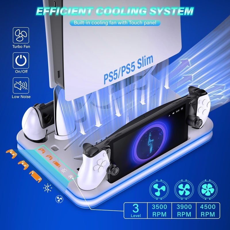 حامل ومحطة تبريد لجهاز PS5/PS5 Slim مع إضاءة RGB ومروحة تبريد بثلاث مستويات، وقاعدة شحن لوحدة تحكم PS5 Edge وPS Portal، وحاملات لجهاز التحكم عن بعد وسماعات الرأس، إكسسوارات PS5/PS5 Slim - Image 2