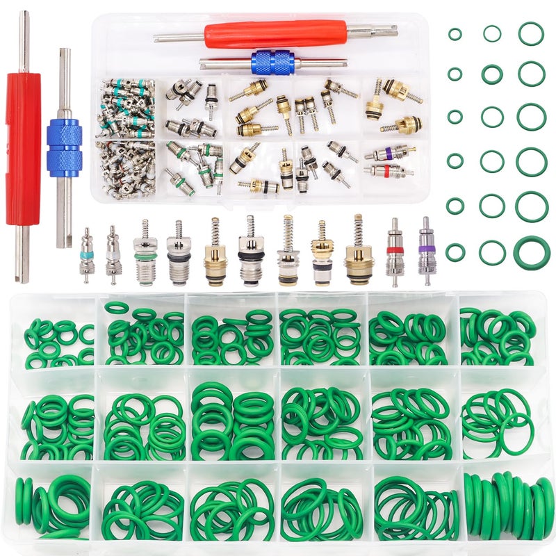 TWTADE 102PCS Car Air Conditioner Valve Core Kit + 270PCS Green Rubber O-Ring Kit 18 Sizes,A/C R12 R134a Refrigeration Tire Valve Stem Cores Repair Kit H-020-SM15