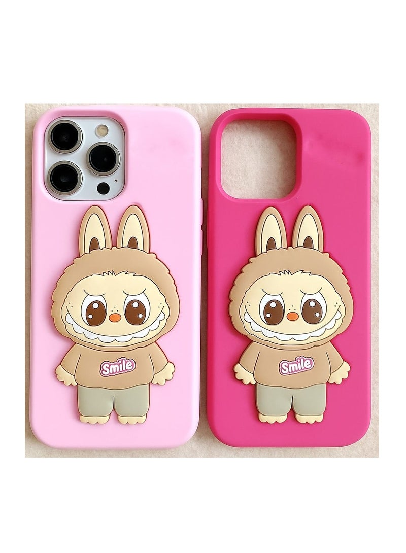 كايس كلوب غطاء سيليكون ثلاثي الأبعاد لطيف من لابوبو باني، قطعتين، لهاتف آيفون 15 برو ماكس - سلسلة الرسوم المتحركة المبتسمة، وردي فاتح ووردي فاقع - Image 1