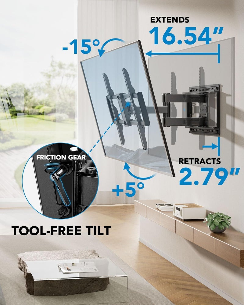 Pipishell Full Motion TV Wall Mount for 42-85 inch LED TVs up to 132lbs, Fits 65 75 Inch Swivel TV Mount Bracket with Articulating Arms, Max VESA 600x400mm, Fits 12â€ 16" Wood Studs - Image 5