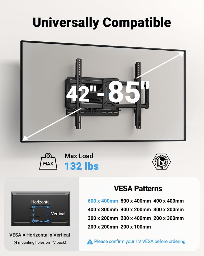Pipishell Full Motion TV Wall Mount for 42-85 inch LED TVs up to 132lbs, Fits 65 75 Inch Swivel TV Mount Bracket with Articulating Arms, Max VESA 600x400mm, Fits 12â€ 16" Wood Studs - Image 2