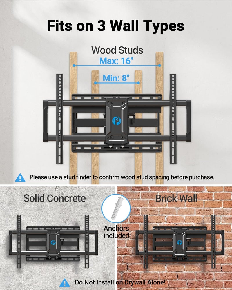 Pipishell Full Motion TV Wall Mount for 42-85 inch LED TVs up to 132lbs, Fits 65 75 Inch Swivel TV Mount Bracket with Articulating Arms, Max VESA 600x400mm, Fits 12â€ 16" Wood Studs - Image 3