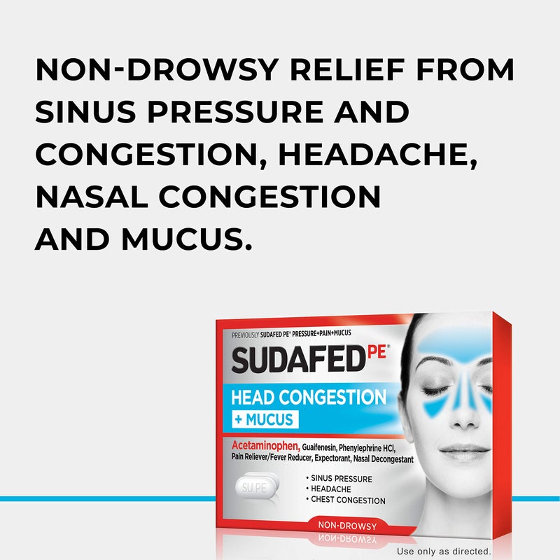 Sudafed أقراص سودافيد بي للاحتقان في الرأس + المخاط لضغط الجيوب الأنفية، الألم والاحتقان، 24 حبة - Image 2