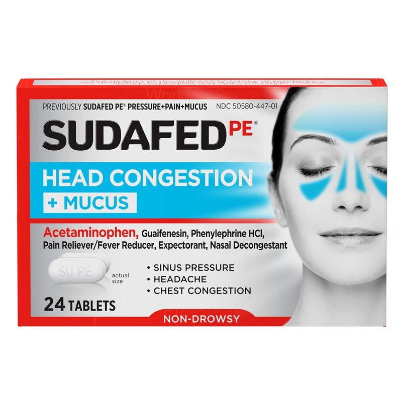 Sudafed أقراص سودافيد بي للاحتقان في الرأس + المخاط لضغط الجيوب الأنفية، الألم والاحتقان، 24 حبة - Image 1