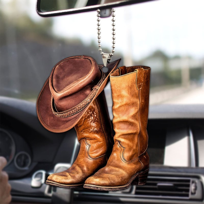 Talataca Cowboy Cowgirl Hat Boots Men Women Western Horse 2D Flat Car Rear View Mirror Accessories Christmas Tree Ornament Decoration Hanging Charm Interior Rearview Pendant Decor Gift