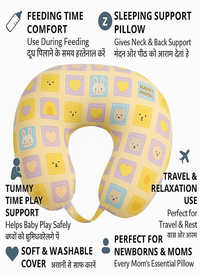 DTR Creation Baby Feeding Pillow | Soft U-Shaped Nursing Pillow for Breastfeeding & Support | Comfortable Cotton Cushion for Newborns & Moms | Cute Bunny & Heart Print - Yellow Multicolor - Image 4