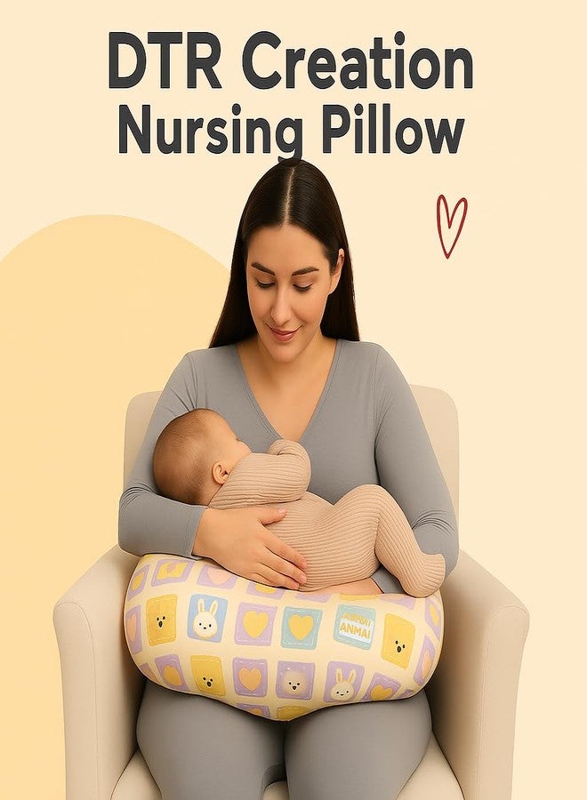 DTR Creation Baby Feeding Pillow | Soft U-Shaped Nursing Pillow for Breastfeeding & Support | Comfortable Cotton Cushion for Newborns & Moms | Cute Bunny & Heart Print - Yellow Multicolor - Image 3