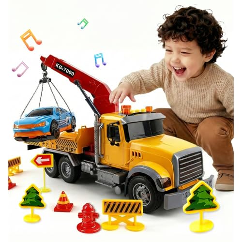 SMILESSKIDDO Toddler Boy Toys for 3 4 5 6 Year Old 112 Large Friction Powered Tow Truck with Light Sound Sports Car Road Signs Birthday Gifts for Kids Toddlers Gifts - Image 1