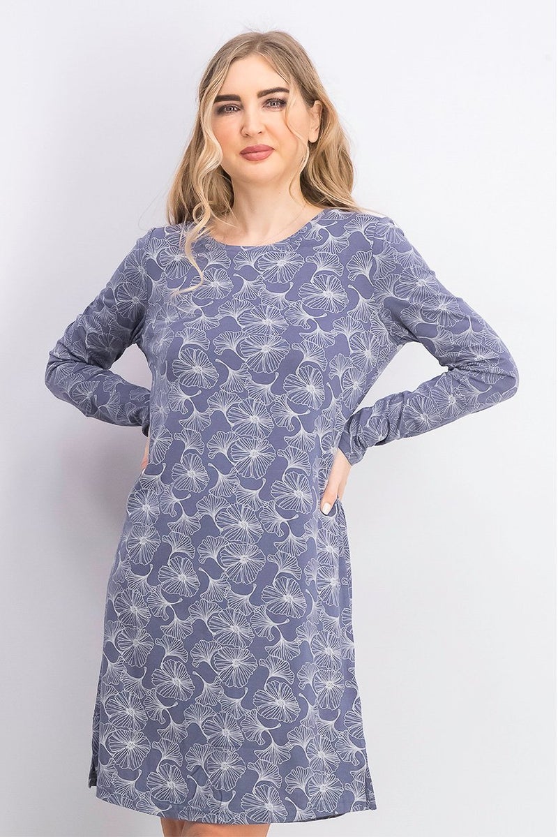Tchibo Women Printed Long Sleeves Night Dress, Grey - Image 1
