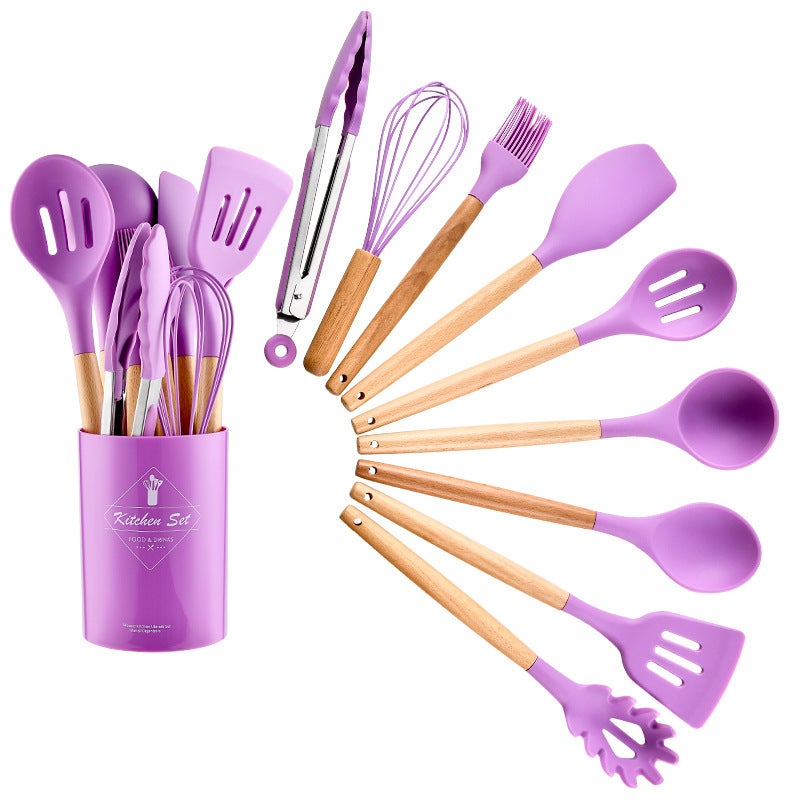 Colorful Household Wooden Handle Silicone Kitchenware 11 Pieces Suit Kitchen Utensils Kitchenware Kitchen Set - Image 1
