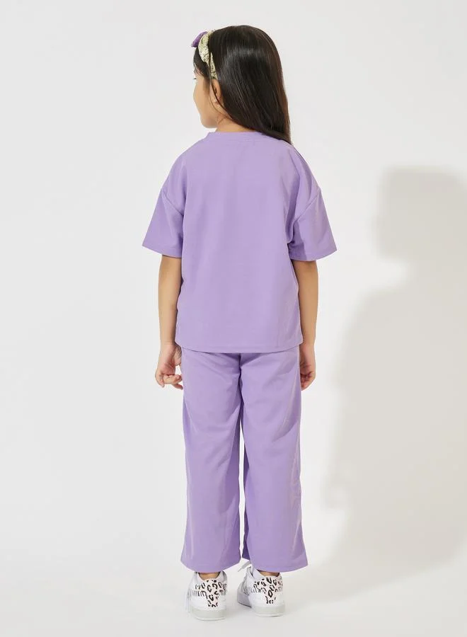 Styli Oversized Waffle Patch Detail T-Shirt & Wide Leg Pant Set