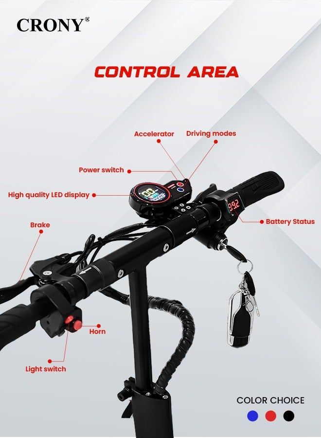 كروني سكوتر كهربائي V10 Pro بمحرك 1200 واط، بطارية 36 فولت/12 أمبير/ساعة، إطارات عريضة 10 بوصات للطرق الوعرة، نظام تعليق مزدوج، فرامل قرص هيدروليكية، مصابيح أمامية ثلاثية LED، مناسب لجميع أنواع التضاريس، سهل الطي، سكوتر كهربائي محمول للبالغين والأطفال، سعة حمولة 120 كجم، هيكل من الألومنيوم، محرك بدون فرشاة، دراجة كهربائية عالية السعة ومتينة مع مقعد، مناسب للتنقل في المناطق الحضرية، لون أحمر - Image 5