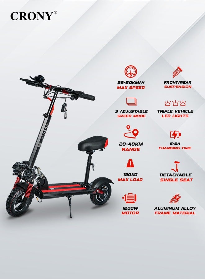 كروني سكوتر كهربائي V10 Pro بمحرك 1200 واط، بطارية 36 فولت/12 أمبير/ساعة، إطارات عريضة 10 بوصات للطرق الوعرة، نظام تعليق مزدوج، فرامل قرص هيدروليكية، مصابيح أمامية ثلاثية LED، مناسب لجميع أنواع التضاريس، سهل الطي، سكوتر كهربائي محمول للبالغين والأطفال، سعة حمولة 120 كجم، هيكل من الألومنيوم، محرك بدون فرشاة، دراجة كهربائية عالية السعة ومتينة مع مقعد، مناسب للتنقل في المناطق الحضرية، لون أحمر - Image 3