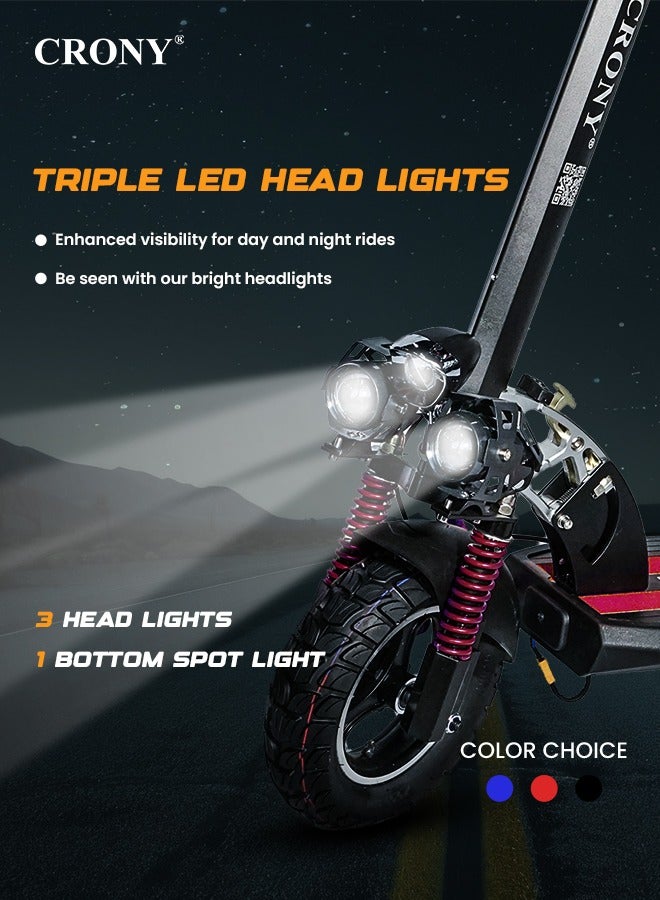 كروني سكوتر كهربائي V10 Pro بمحرك 1200 واط، بطارية 36 فولت/12 أمبير/ساعة، إطارات عريضة 10 بوصات للطرق الوعرة، نظام تعليق مزدوج، فرامل قرص هيدروليكية، مصابيح أمامية ثلاثية LED، مناسب لجميع أنواع التضاريس، سهل الطي، سكوتر كهربائي محمول للبالغين والأطفال، سعة حمولة 120 كجم، هيكل من الألومنيوم، محرك بدون فرشاة، دراجة كهربائية عالية السعة ومتينة مع مقعد، مناسب للتنقل في المناطق الحضرية، لون أحمر - Image 2