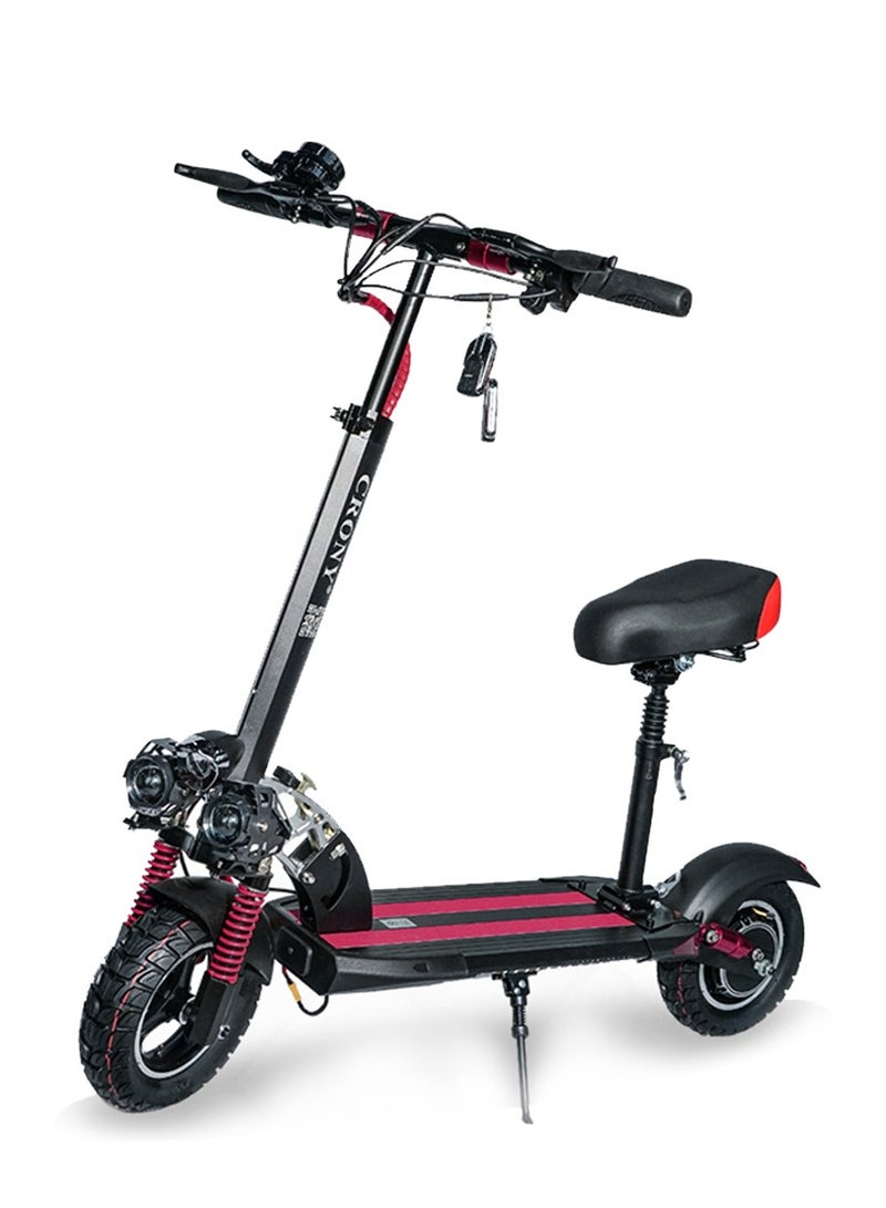كروني سكوتر كهربائي V10 Pro بمحرك 1200 واط، بطارية 36 فولت/12 أمبير/ساعة، إطارات عريضة 10 بوصات للطرق الوعرة، نظام تعليق مزدوج، فرامل قرص هيدروليكية، مصابيح أمامية ثلاثية LED، مناسب لجميع أنواع التضاريس، سهل الطي، سكوتر كهربائي محمول للبالغين والأطفال، سعة حمولة 120 كجم، هيكل من الألومنيوم، محرك بدون فرشاة، دراجة كهربائية عالية السعة ومتينة مع مقعد، مناسب للتنقل في المناطق الحضرية، لون أحمر - Image 1