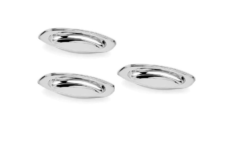Damurhu Stainless Steel Oval Serving Plates/Stainless Steel Serving Plate | Rice Plate | Dahi Plate | Chat Plate Size -1,(Dia ; Height - 2.5 cm, Lenth -18 cm, Width -11cm) Set of 3 - Image 1