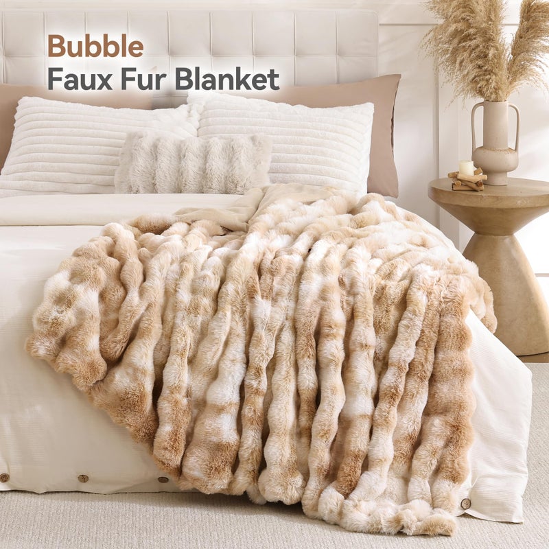 Smoofy Faux Fur Throw Blanket for Couch â€“ Tie-dye Camel Fluffy Cozy Rabbit Fleece, Plush Soft Bubble Blanket for Sofa & Bed, for Mom, Warm Fuzzy Home Room Decor Throw 50" x 60" - Image 2