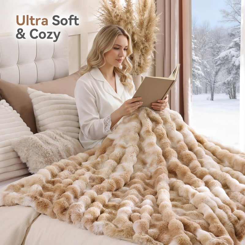Smoofy Faux Fur Throw Blanket for Couch â€“ Tie-dye Camel Fluffy Cozy Rabbit Fleece, Plush Soft Bubble Blanket for Sofa & Bed, for Mom, Warm Fuzzy Home Room Decor Throw 50" x 60" - Image 5