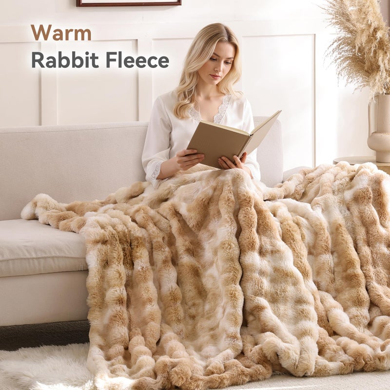 Smoofy Faux Fur Throw Blanket for Couch â€“ Tie-dye Camel Fluffy Cozy Rabbit Fleece, Plush Soft Bubble Blanket for Sofa & Bed, for Mom, Warm Fuzzy Home Room Decor Throw 50" x 60" - Image 4