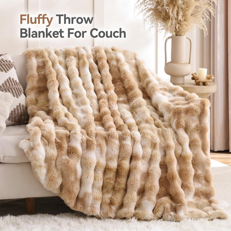 Smoofy Faux Fur Throw Blanket for Couch â€“ Tie-dye Camel Fluffy Cozy Rabbit Fleece, Plush Soft Bubble Blanket for Sofa & Bed, for Mom, Warm Fuzzy Home Room Decor Throw 50" x 60" - Image 3
