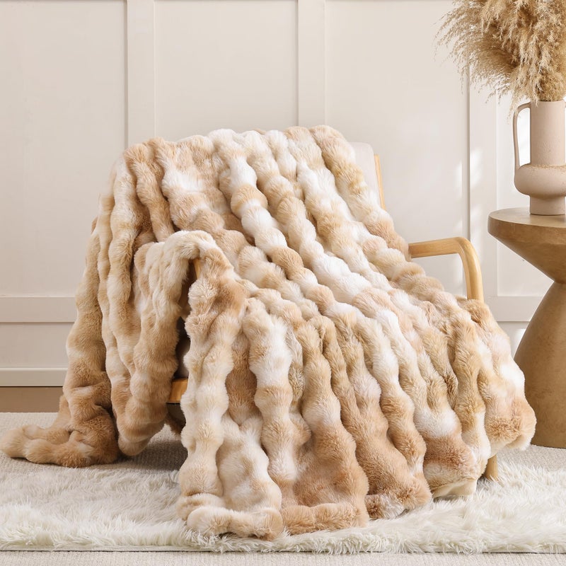 Smoofy Faux Fur Throw Blanket for Couch â€“ Tie-dye Camel Fluffy Cozy Rabbit Fleece, Plush Soft Bubble Blanket for Sofa & Bed, for Mom, Warm Fuzzy Home Room Decor Throw 50" x 60" - Image 1