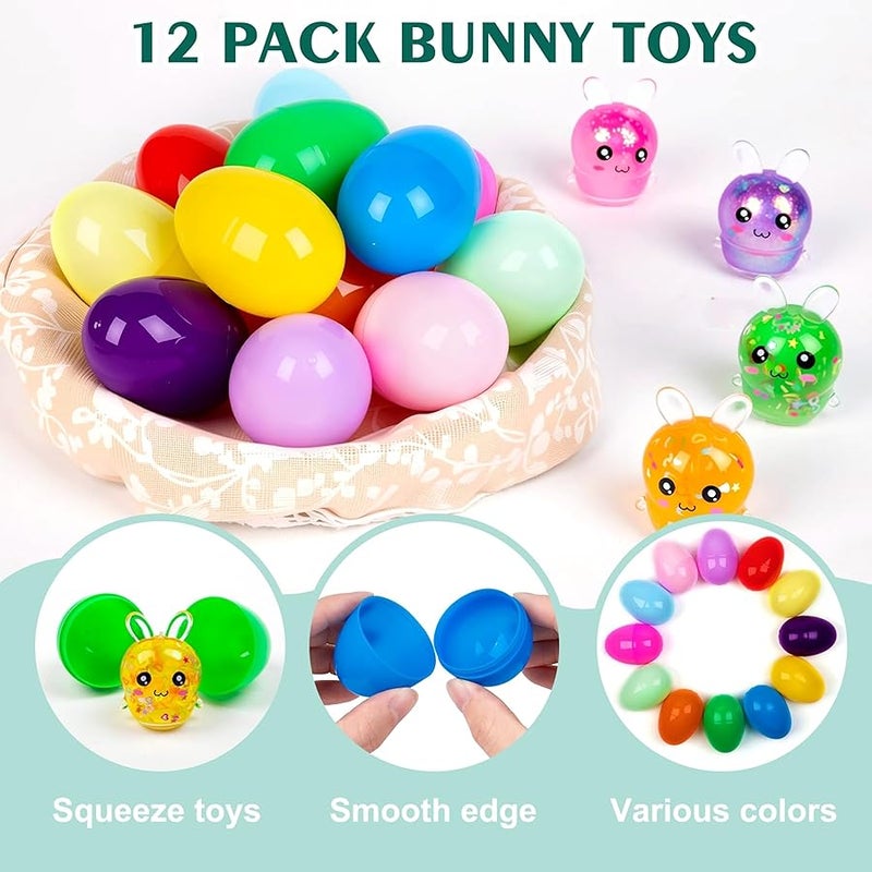 Howzcci 12 Pack Easter Bunny Stress Balls Toys Squishy Squeeze Toys Easter Basket Stuffers with 12 PCS Plastic Easter Eggs for Kids Girls Boys Party Favors Gifts - Image 3