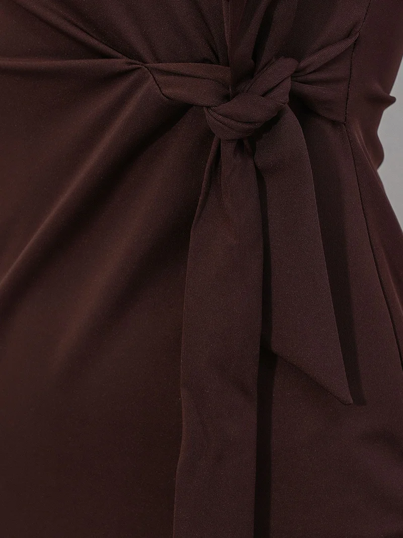 Big Dart Dark Mocha Brown BDART Fitted Midi Jersey Dress With Tie Detail for Women | Best Price UAE