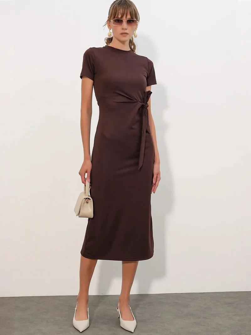 Big Dart Dark Mocha Brown BDART Fitted Midi Jersey Dress With Tie Detail for Women | Best Price UAE