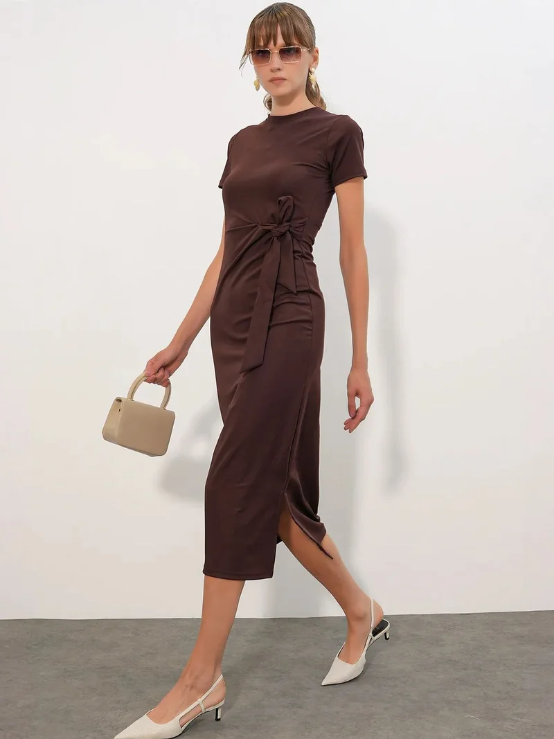 Big Dart Dark Mocha Brown BDART Fitted Midi Jersey Dress With Tie Detail for Women | Best Price UAE