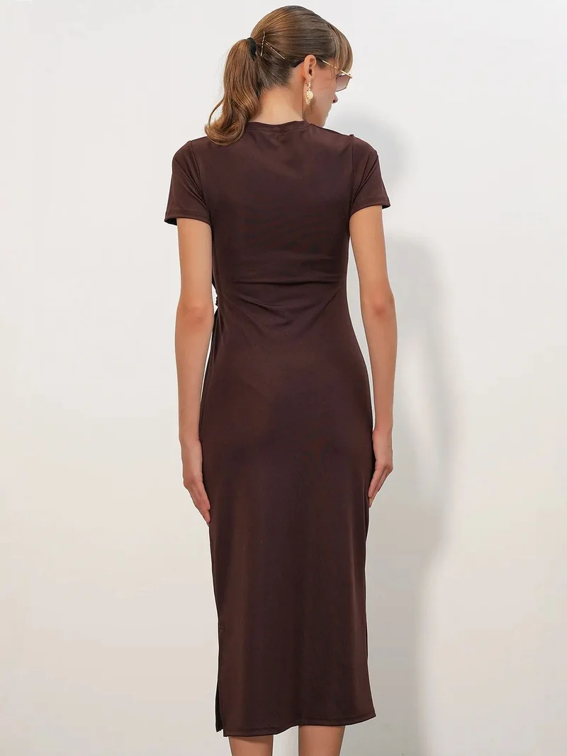 Big Dart Dark Mocha Brown BDART Fitted Midi Jersey Dress With Tie Detail for Women | Best Price UAE