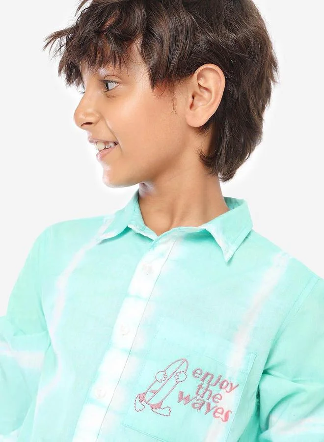 Bonkids Regular Long Sleeve Printed Green And White Cotton Shirt For Boys 100 % Cotton